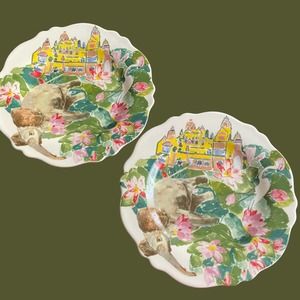 Set of 2 Anthropologie Rebekah Maysles Floral Elephant Salad Plate 8 1/4” Rare